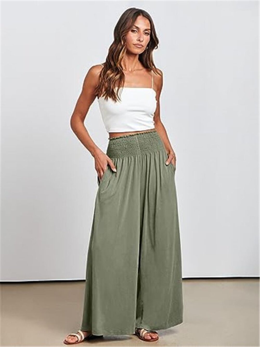 Sage Green Palazzo Pants High Smocked Waist Wide Leg Lounge Trousers - Picture 3 of 6